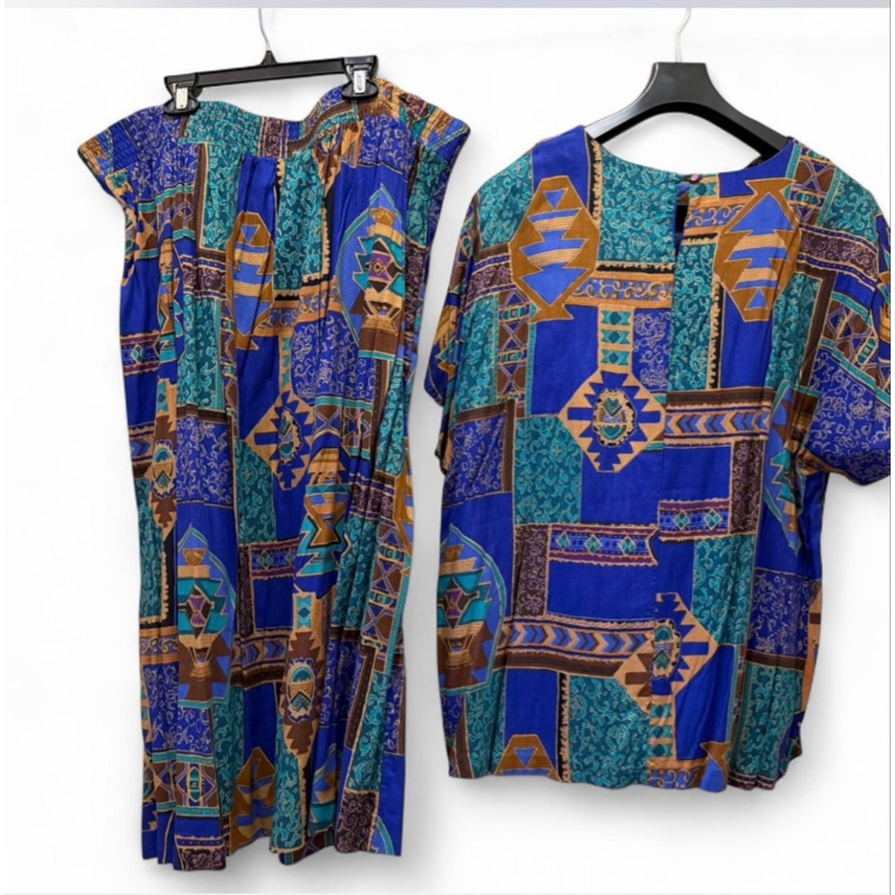 August Max Woman 2-Piece Skirt Set Blue Brown Rayon 1X Vintage Style